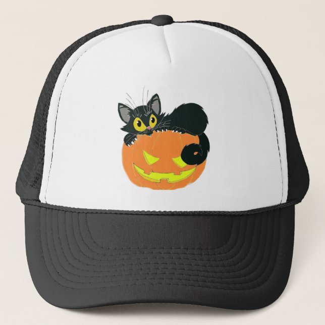 Halloween Black Cat und Pumpkin Truckerkappe (Vorderseite)