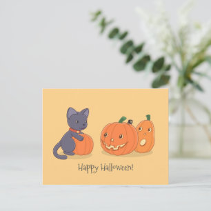 Halloween Black Cat und Pumpkins auf Gelb Postkarte
