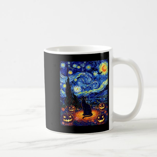 Halloween Black Cat Van Gogh Starry Night Cat Cost Kaffeetasse (Rechts)