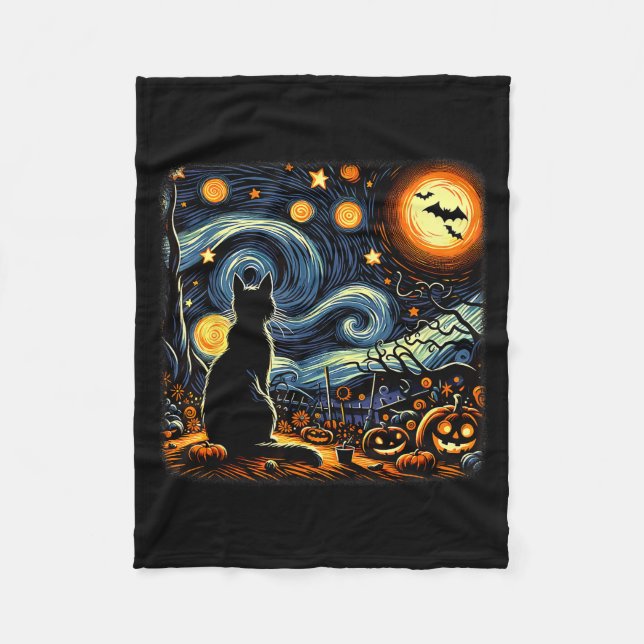 Halloween Black Cat Van Gogh Starry Night Cat Love Fleecedecke (Vorderseite)