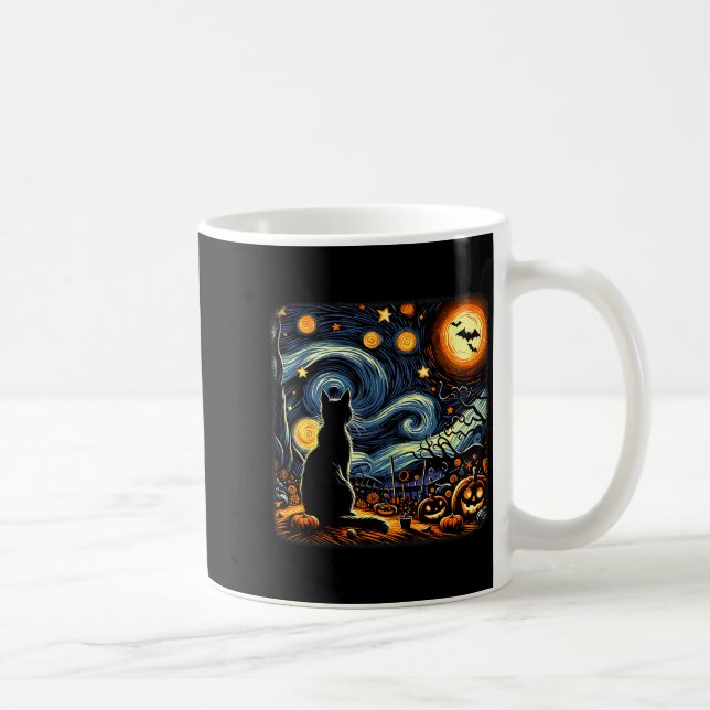 Halloween Black Cat Van Gogh Starry Night Cat Love Kaffeetasse (Rechts)