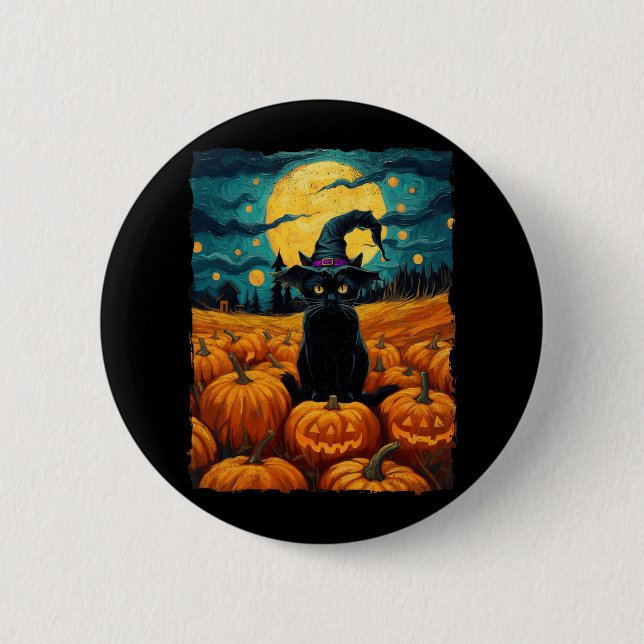 Halloween Black Cat Van Gogh Witch Kawaii Pumpkin Button (Vorderseite)