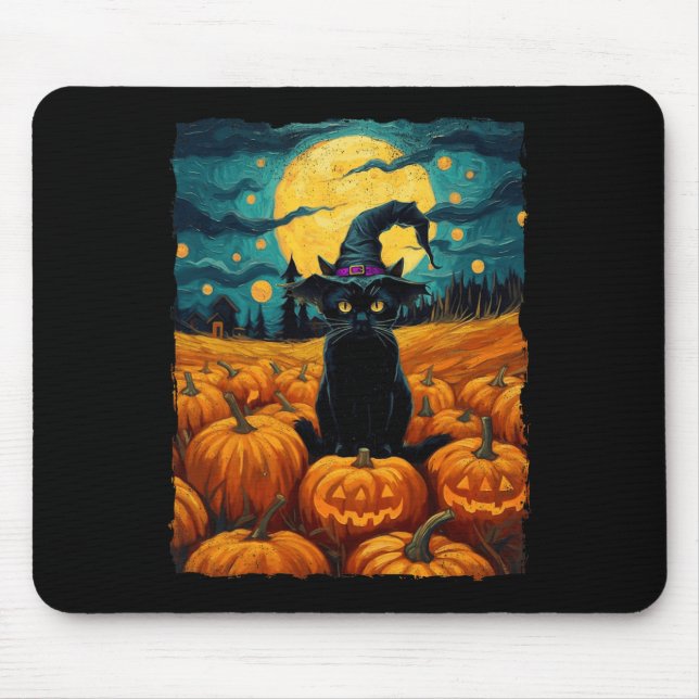 Halloween Black Cat Van Gogh Witch Kawaii Pumpkin Mousepad (Vorne)