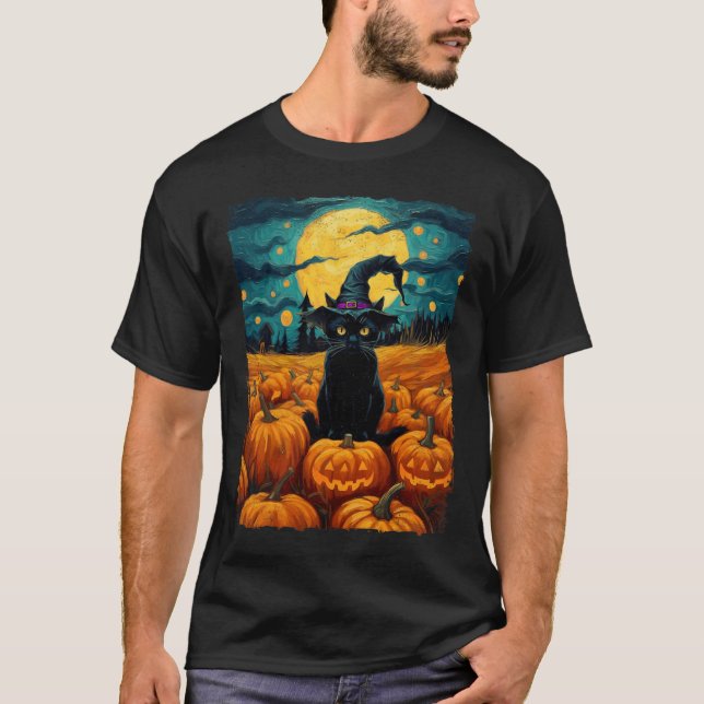 Halloween Black Cat Van Gogh Witch Kawaii Pumpkin T-Shirt (Vorderseite)