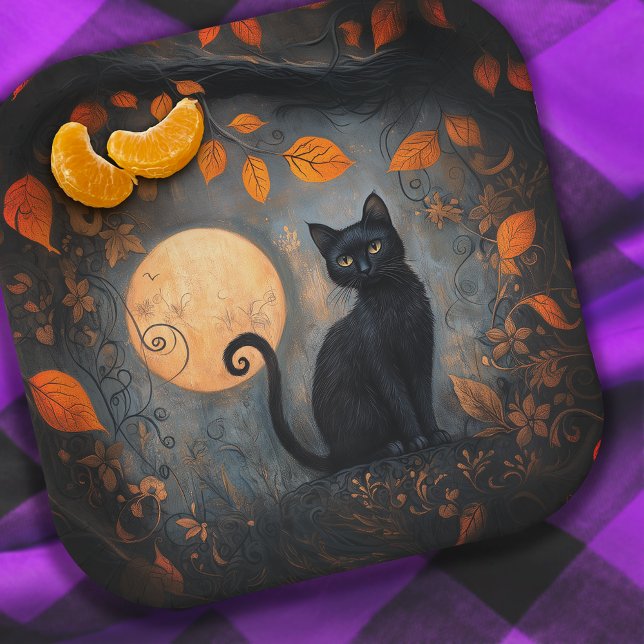 Halloween Black Cat Verziert Moody Full Moon Pappteller (Halloween Black Cat Ornate Moody Full Moon Paper Plates)