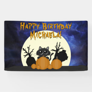 Halloween Black Cat w Pumpkins Friedhof Banner