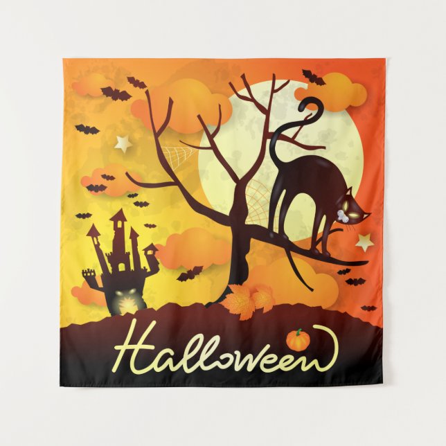 Halloween Black Cat Wandteppich (Vorderseite)