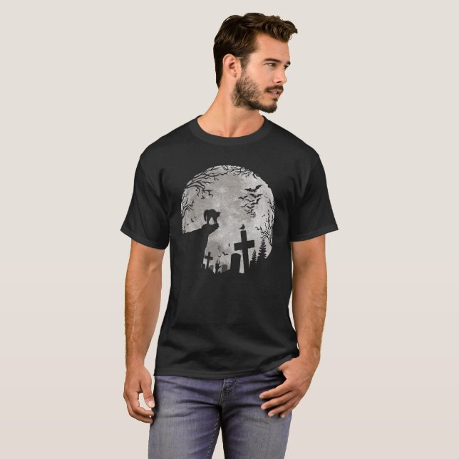 Halloween Black Cat Werewolf Full Moon Bats T-Shirt (Vorne ganz)