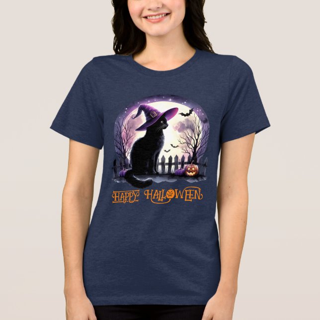 Halloween Black Cat Witz and Bats Tri-Blend Shirt (Vorderseite)