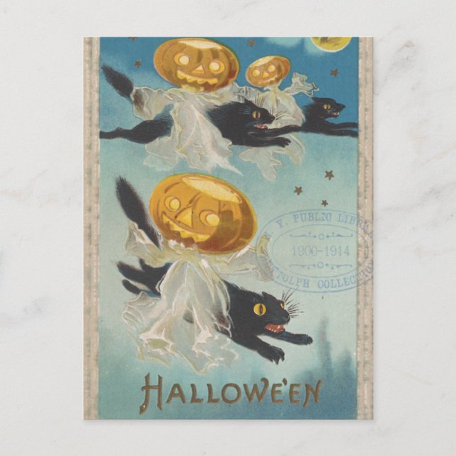 Halloween Black Cats & Pumpkin Ghosts Vintag Postkarte (Vorderseite)
