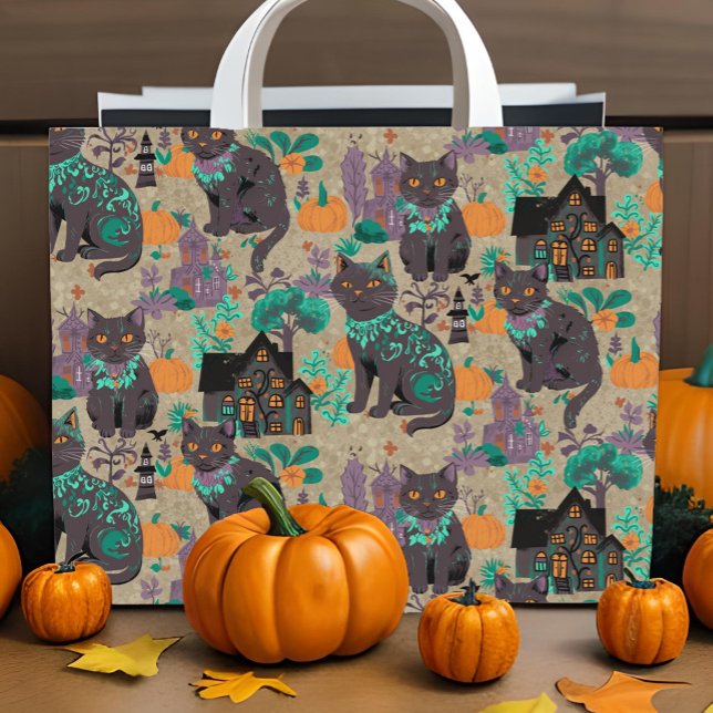 Halloween Black Cats Pumpkins Spuk Haus Rustikal Tapete (Whimsical black cat self peel-n-stick wallpaper for Halloween crafts and DIY decor)
