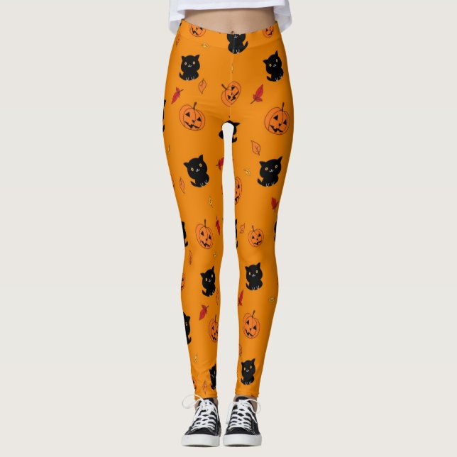 Halloween Black Cats und Pumpkins Muster Leggings (Vorderseite)
