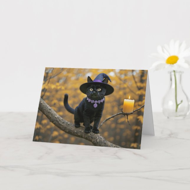 Halloween Black Kitten Cat mit Hexenhut in Tree Karte (Kleine Pflanze)