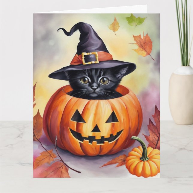 Halloween Black Kitten Hexenhut Pumpkin Karte (Vorderseite)