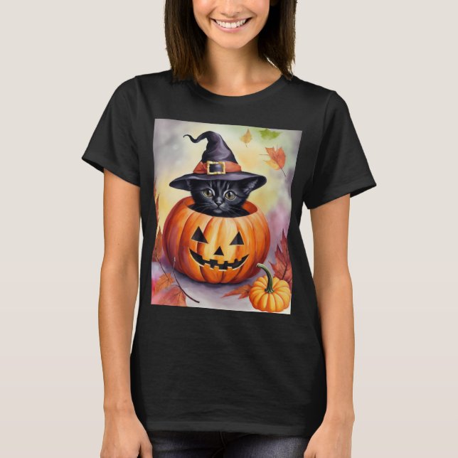 Halloween Black Kitten Hexenhutenküre T-Shirt (Vorderseite)