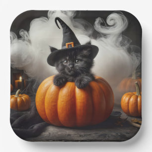Halloween Black Kitten in Pumpkin Pappteller