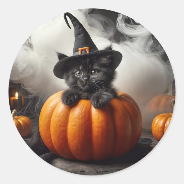 Halloween Black Kitten in Pumpkin Runder Aufkleber (Vorderseite)