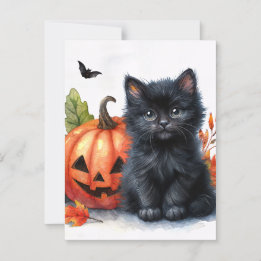 Halloween Black Kitten mit Jack-o-Laterne Postkarte