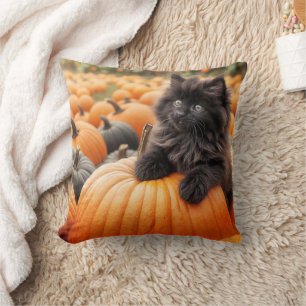 Halloween Black Kitten on a Pumpkin Kissen