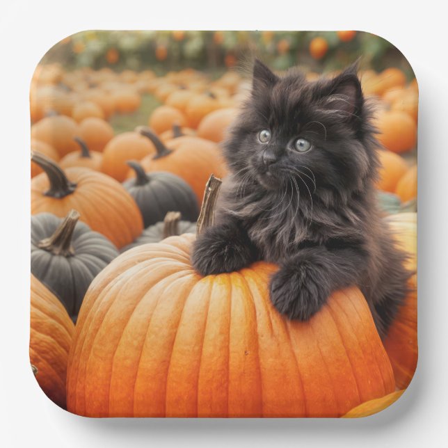 Halloween Black Kitten on a Pumpkin Pappteller (Vorderseite)