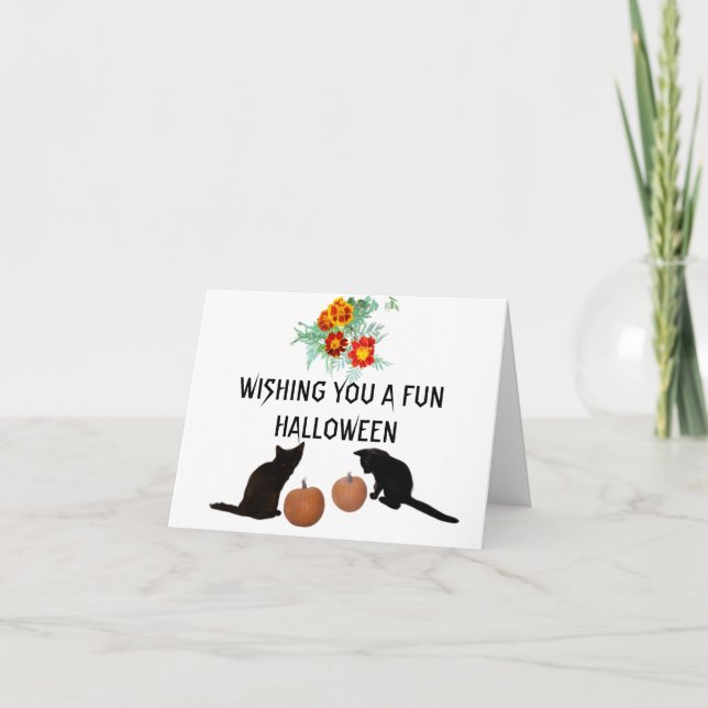 Halloween Black Kittens Orange Pumpkins Marigolds Karte (Vorderseite)