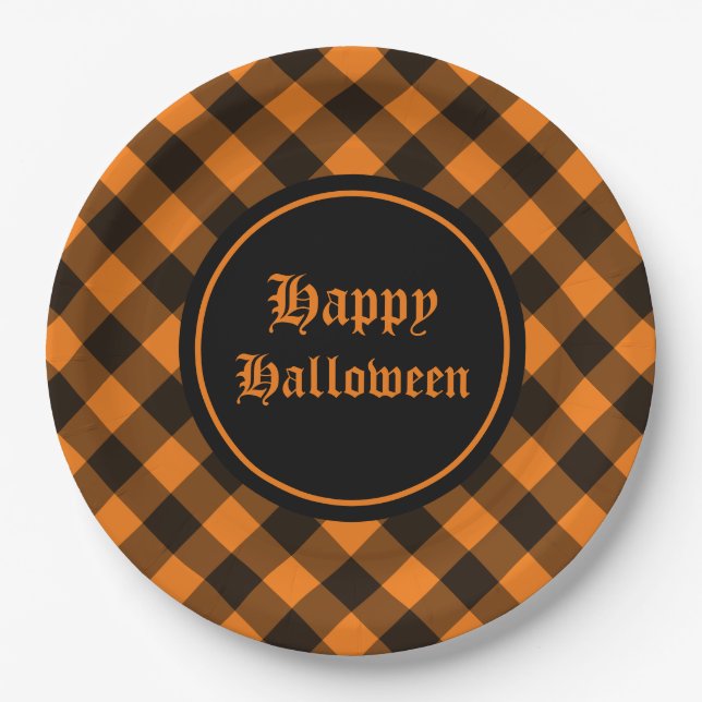 Halloween Black Orange Gingham Karo Pattern Pappteller (Vorderseite)