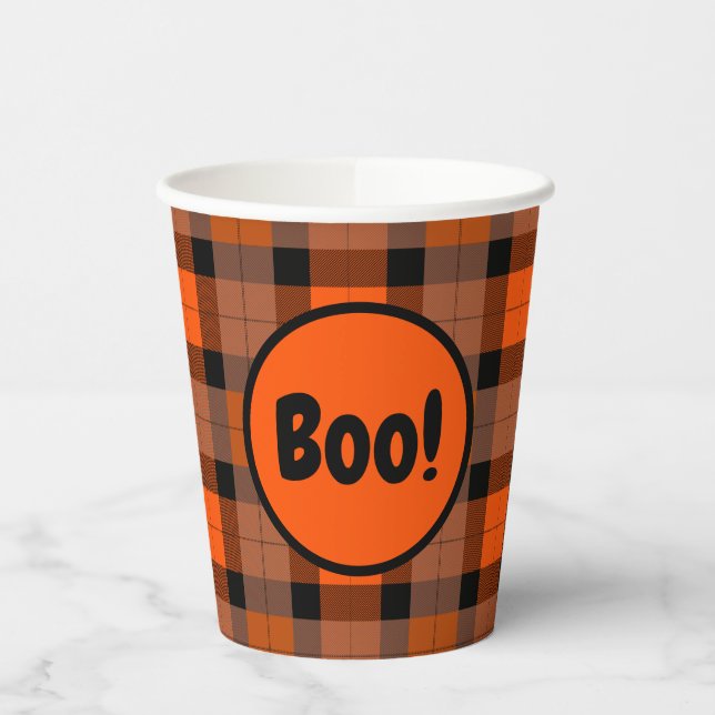 Halloween Black Orange Kariert Boo! Pappbecher (Links)