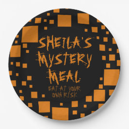 Halloween Black Orange Squares Name Spooky Food Pappteller
