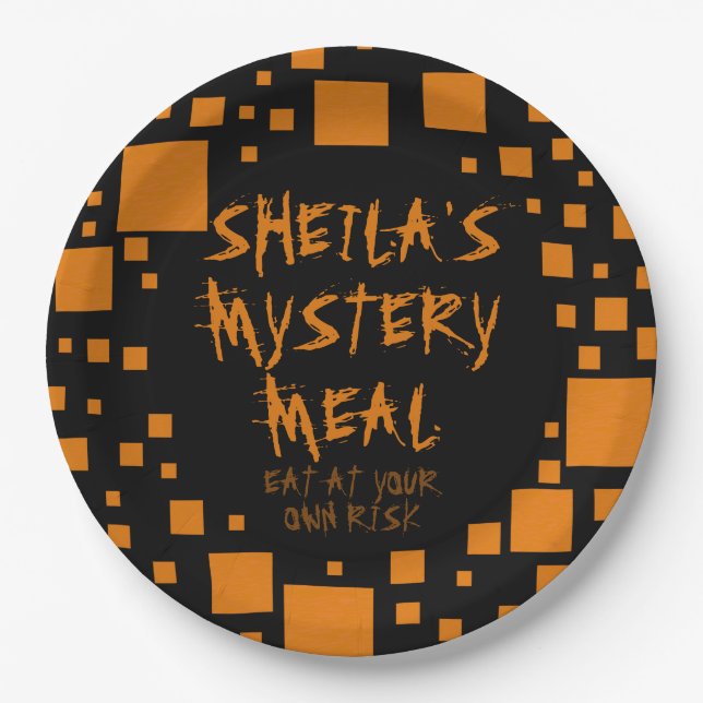 Halloween Black Orange Squares Name Spooky Food Pappteller (Vorderseite)