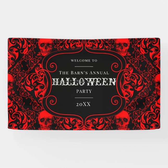 Halloween Black Red Gothic Skull Damask Banner (Horizontal)