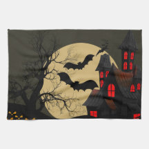 Halloween Black Red Spuk House Bat Full Moon
