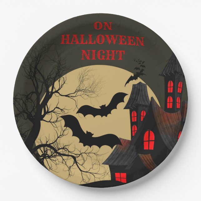 Halloween Black Red Spuk House Bat Full Moon Pappteller (Vorderseite)