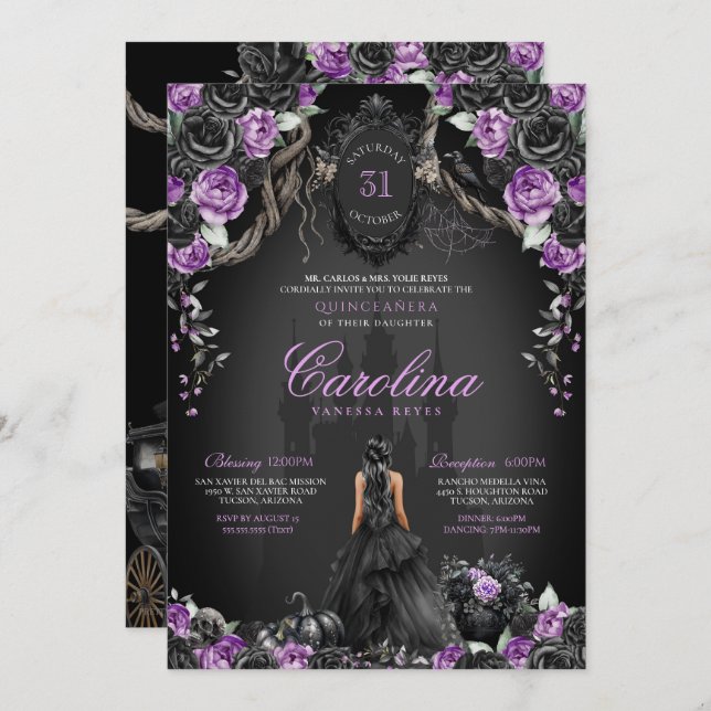 Halloween Black Rose Lila Princess Quinceanera Einladung (Vorne/Hinten)