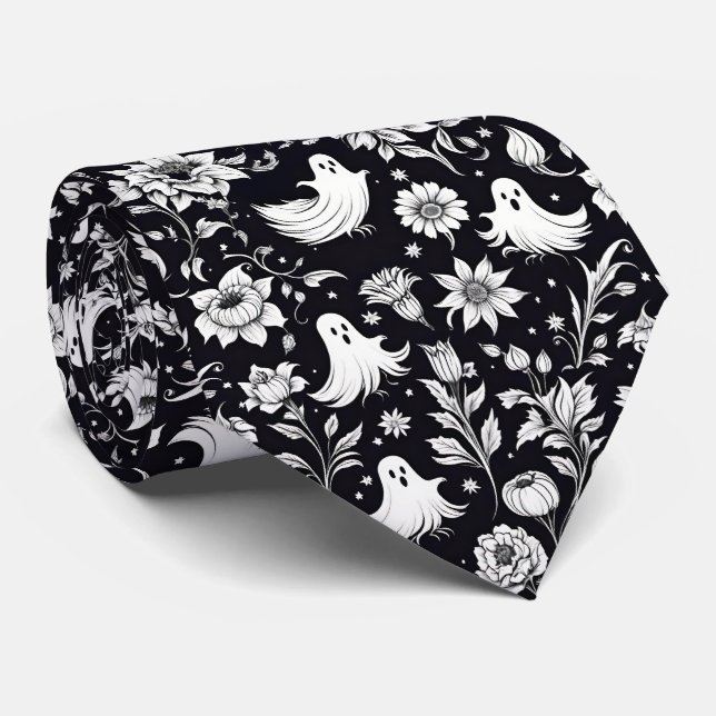 Halloween Black & White Ghosts Floral Krawatte (Gerollt)