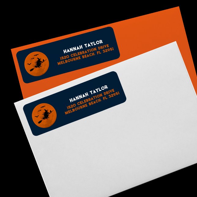Halloween Black Wicked Witz Flying Orange Moon (witchy address label)