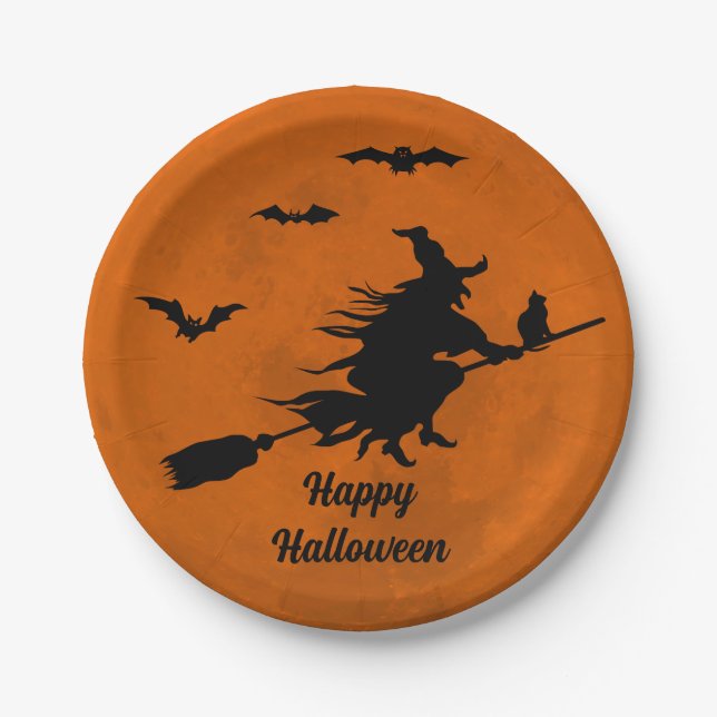 Halloween Black Wicked Witz Flying Orange Moon Pappteller (Vorderseite)