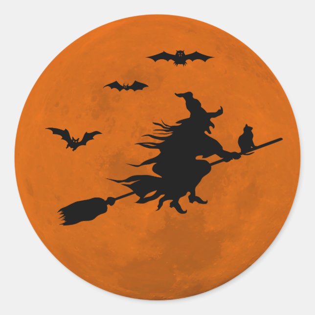 Halloween Black Wicked Witz Flying Orange Moon Runder Aufkleber (Vorderseite)
