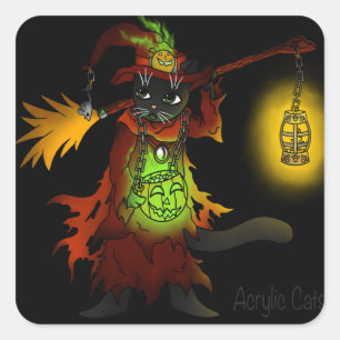 Halloween Black Witch Cat Quadratischer Aufkleber