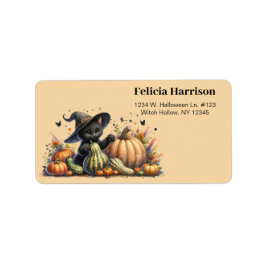 Halloween Black Witch's Kitten W/ Pumpkins Gourds Adressaufkleber