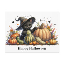 Halloween Black Witch's Kitten W/ Pumpkins Gourds