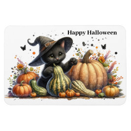 Halloween Black Witch's Kitten W/ Pumpkins Gourds Magnet