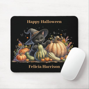 Halloween Black Witch's Kitten W/ Pumpkins Gourds Mousepad