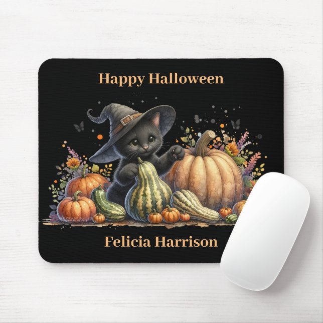 Halloween Black Witch's Kitten W/ Pumpkins Gourds Mousepad (Mit Mouse)