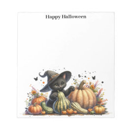 Halloween Black Witch's Kitten W/ Pumpkins Gourds Notizblock