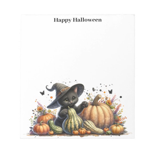Halloween Black Witch's Kitten W/ Pumpkins Gourds Notizblock (Vorderseite)