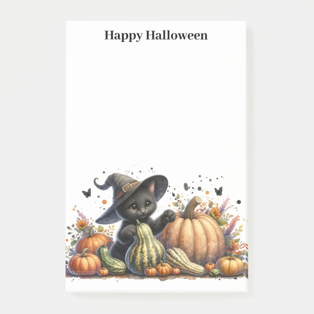 Halloween Black Witch's Kitten W/ Pumpkins Gourds Post-it Klebezettel (Vorderseite)