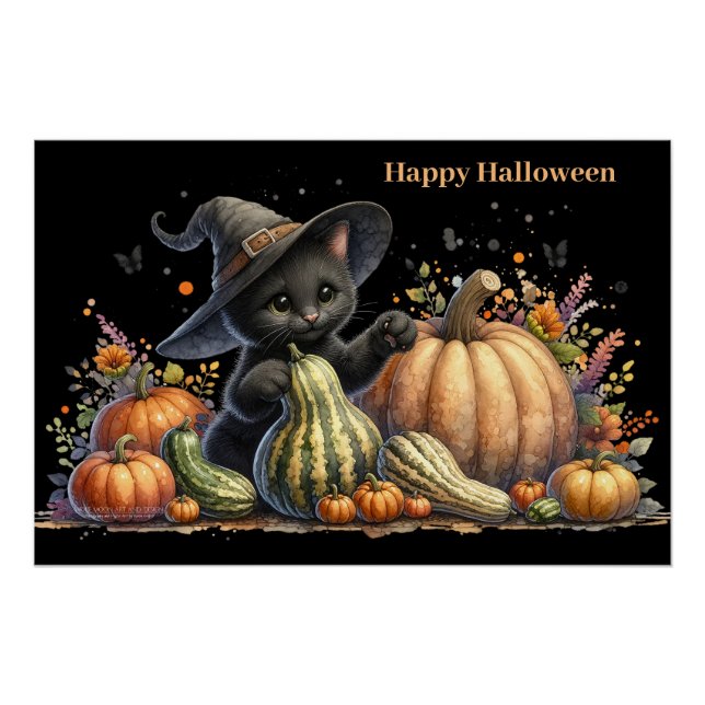 Halloween Black Witch's Kitten W/ Pumpkins Gourds Poster (Vorderseite)