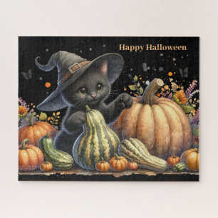 Halloween Black Witch's Kitten W/ Pumpkins Gourds Puzzle