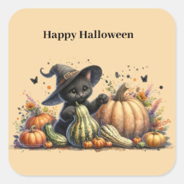 Halloween Black Witch's Kitten W/ Pumpkins Gourds Quadratischer Aufkleber