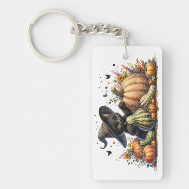 Halloween Black Witch's Kitten W/ Pumpkins Gourds Schlüsselanhänger (Vorderseite)